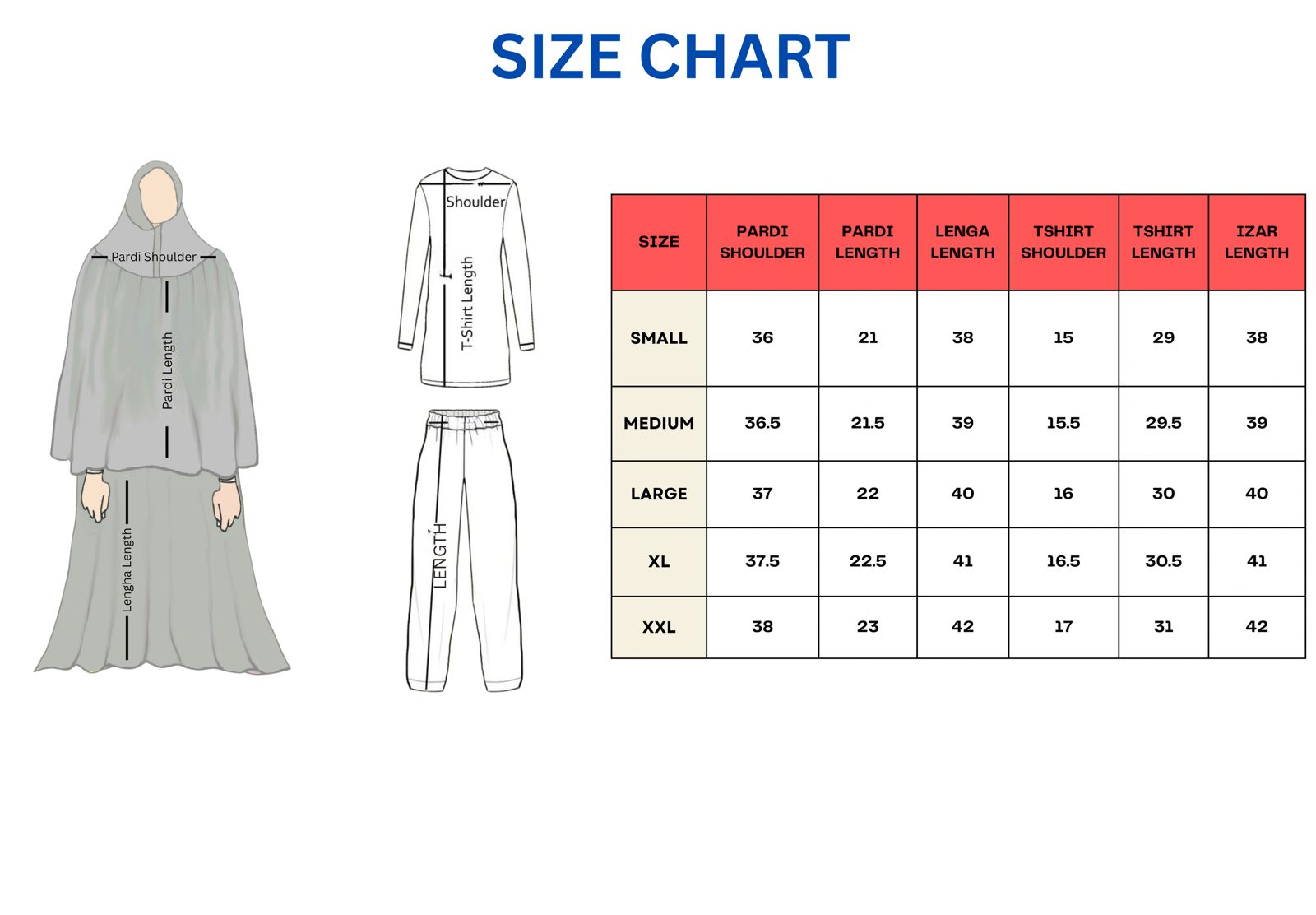  Ladies new pattern 4pc Rida set size chart for Umrah with Pardi, Ghagro, TShirt, Izar 